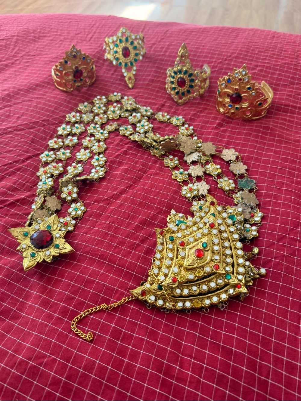Lao, Thai, Cambodian Gold-Tone Red & Green Traditional Women's Jewelry Set